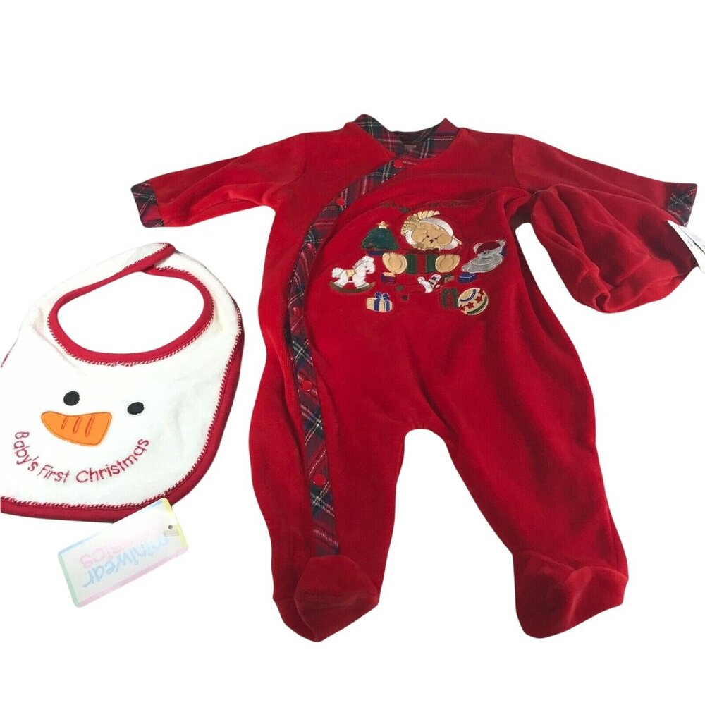 Little Me Baby's First Christmas Size 3 Month Red Footie Beanie Bib Set New